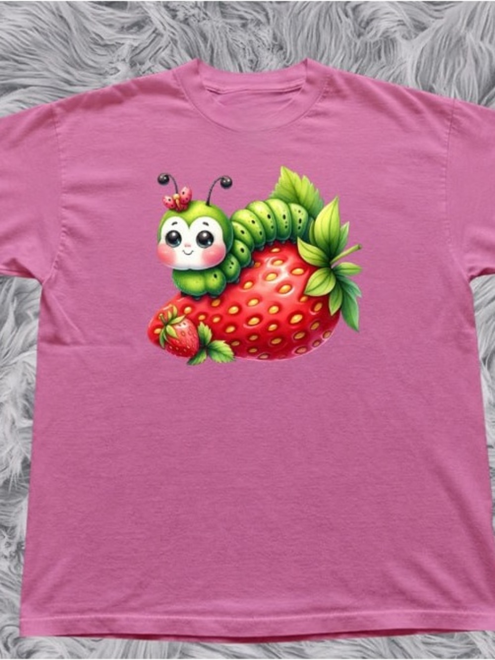 Cute Green Caterpillar on Red Strawberry Gildan Pink Graphic